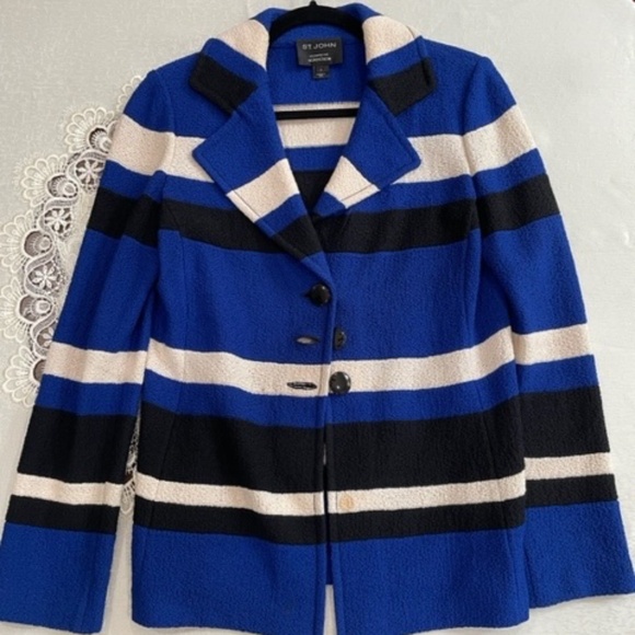 St John knit Jacket, Size 4, Blue, Black, and Creme Striped - Picture 1 of 2